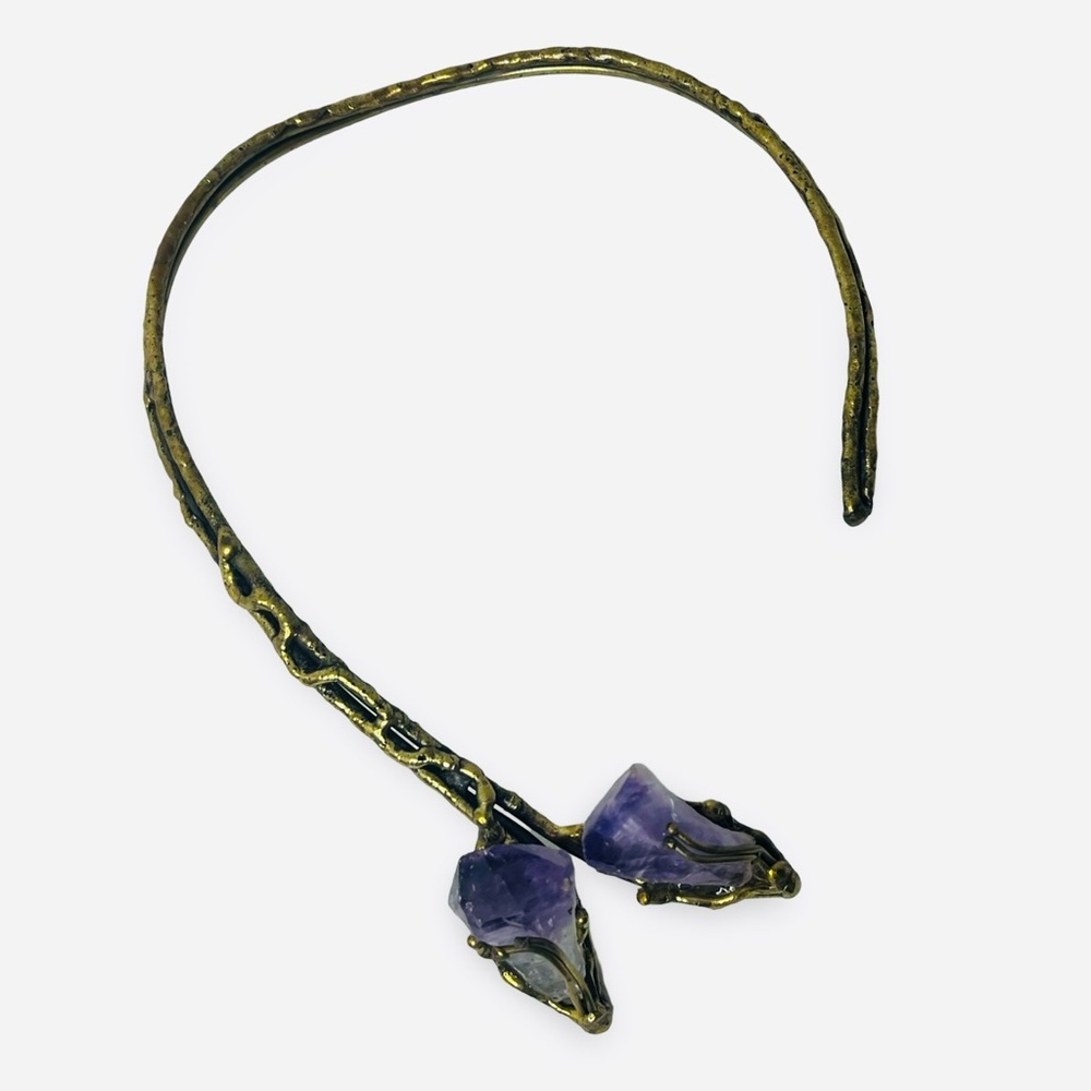 Vintage Artisan Brutalist Raw Amethyst Torque Choker Statement Necklace